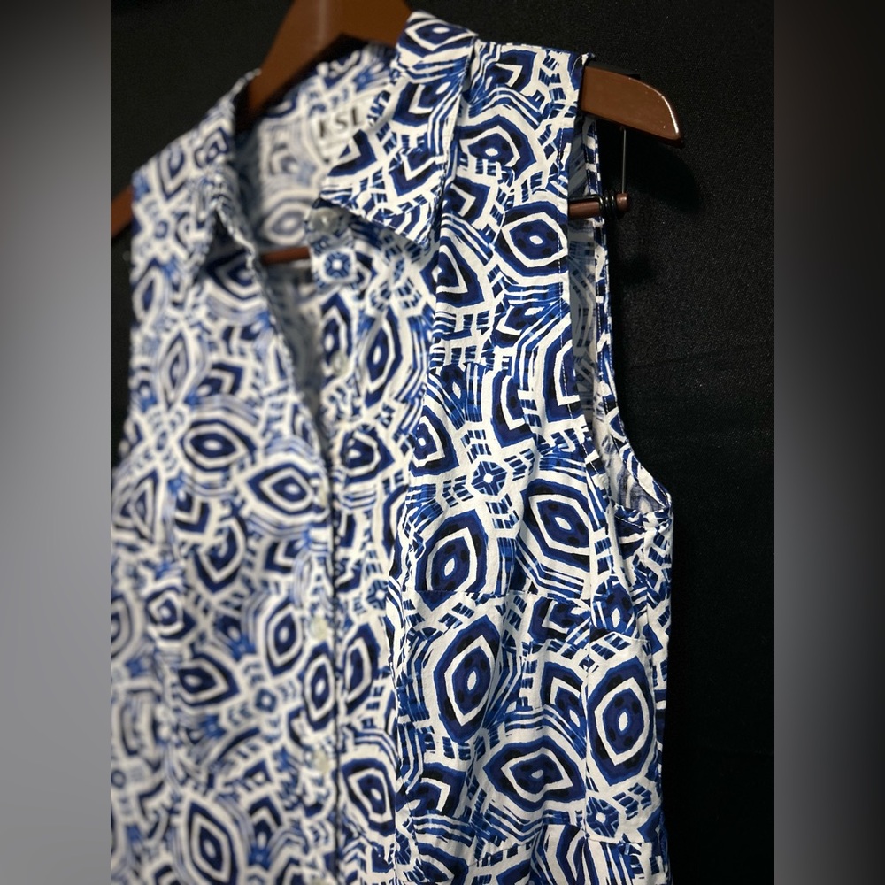 Vintage KSL Karin Stevens Sleeveless Button Down Geometric Blue Dress Size 16 - Picture 4 of 13